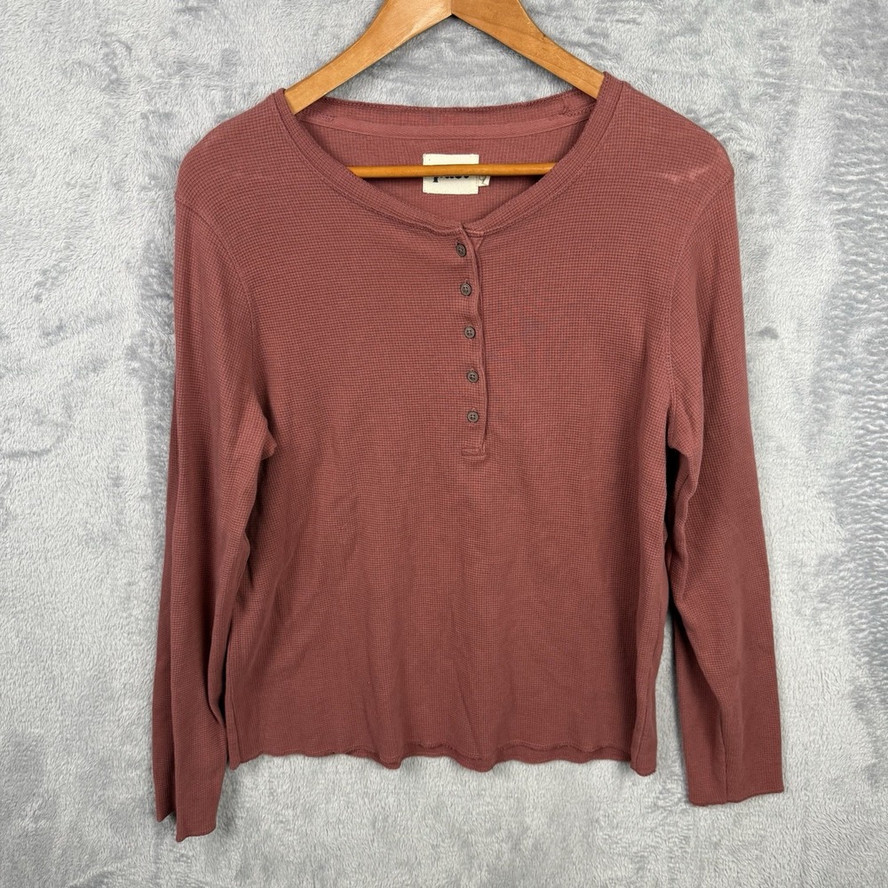 Pact Organic Cotton Waffle Knit Henley Long Sleeve Shirt Men's Large Outdoor